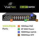 VueNet EasySwitch 16 Port - 100mbps PoE Network Switch