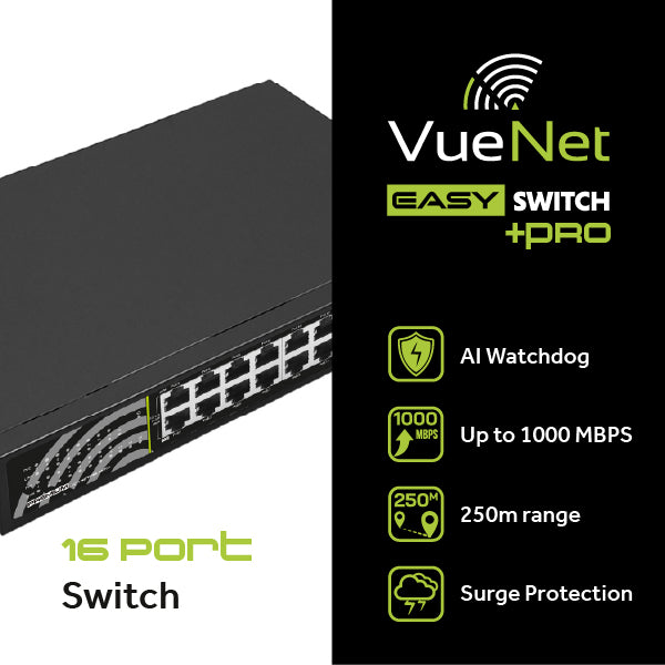 VueNet EasySwitch PRO 16 Port - 1000mbps PoE Network Switch