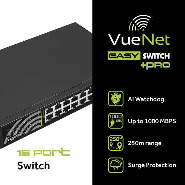 VueNet EasySwitch PRO 16 Port - 1000mbps PoE Network Switch