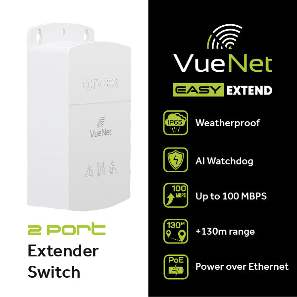 VueNet EasyExtend 2 Port - External PoE Powered Range Extender +130M