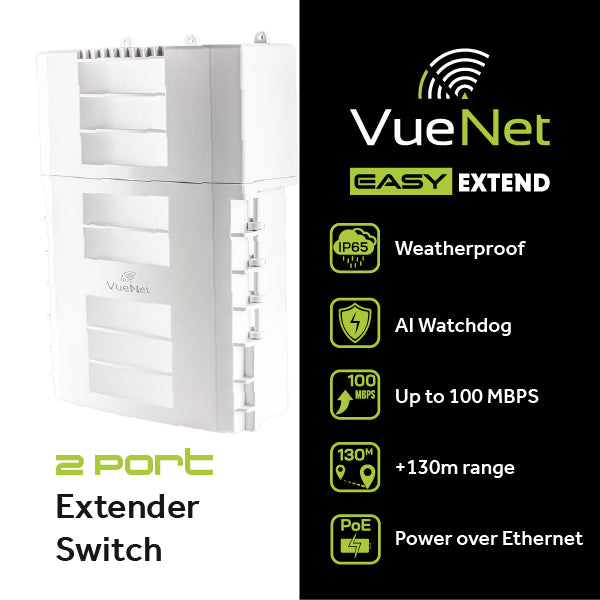 VueNet EasyExtend 4 Port - External PoE Powered Range Extender +130M